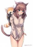  1girl animal animal_ears aruma_jiki blue_eyes blush breasts brown_hair clothes_pull facial_mark final_fantasy final_fantasy_xiv looking_at_viewer miqo&#039;te simple_background sweater sweater_pull tail white_background 
