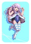  1girl absurdres blue_eyes d d-pad hair_ornament highres long_hair looking_at_viewer neptune_(choujigen_game_neptune) neptune_(series) open_clothes open_mouth purple_hair purple_heart segamark solo striped striped_legwear thigh-highs violet_eyes 