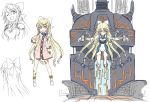  1girl anklet azure_striker_gunvolt barcode_tattoo bare_shoulders blonde_hair bracelet cable character_sheet choker cleavage_cutout coat commentary_request concept_art detached_sleeves eyebrows eyebrows_visible_through_hair from_behind full_body hair_ornament hair_ribbon hairclip halterneck hand_on_hip highres jewelry joule_(gunvolt) leotard light_smile long_hair looking_at_viewer mecha official_art one_eye_closed orange_eyes raised_eyebrows ribbon shoes sidelocks sketch skin_tight smile standing tattoo tied_hair very_long_hair white_ribbon white_shoes 