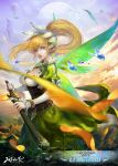  blonde_hair bracelet breasts cleavage cleavage_cutout corset earrings floating_rocks hair_ornament highres jewelry kang_kang_zi large_breasts leafa lips long_hair looking_at_viewer moon parted_lips petals pointy_ears ponytail puffy_sleeves scabbard sheath sky sword sword_art_online unsheathing weapon wings 