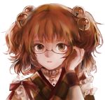 1girl bell bespectacled brown_eyes face glasses hair_bell hair_ornament highres kar_(kar_t_t_t) looking_at_viewer motoori_kosuzu open_mouth orange_hair portrait simple_background smile solo touhou twintails white_background wrist_cuffs 