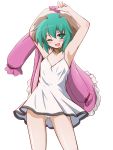  1girl ;d alternate_costume animal_ears armpits arms_up ass_visible_through_thighs bangs bare_arms bare_shoulders blush camisole dog_ears fang flat_chest green_eyes green_hair hair_between_eyes highres kasodani_kyouko looking_at_viewer one_eye_closed open_mouth outstretched_arms panties pantyshot pantyshot_(standing) short_hair smile solo standing teitoku touhou underwear white_panties 