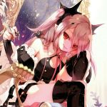  1girl black_dress black_legwear detached_sleeves dress krul_tepes levi9452 long_hair looking_at_viewer owari_no_seraph pink_hair red_eyes sitting smile solo thigh-highs 