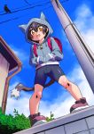  1girl backpack bag bike_shorts cat_tail from_below hands_in_pockets hood hoodie open_mouth original randoseru smile solo tail tommy_region 