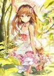 1boy bag bow brown_eyes brown_hair detexted dress flower forest frilled_dress frills gilse hair_flower hair_ornament handbag in_water looking_at_viewer nature neck_garter otoko_no_ko parasol plant qurare_magic_library shallow_water shoes_removed umbrella water 