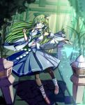  1girl black_legwear blue_eyes blue_skirt breasts brown_shoes contrapposto covering_mouth detached_sleeves forest frog_hair_ornament glowing gm_12re green_hair hair_ornament hair_tubes highres kneehighs kochiya_sanae light long_hair long_skirt looking_at_viewer midriff nature oonusa outstretched_arm pantyhose rope shadow shimenawa shoes skirt sleeveless snake_hair_ornament solo star stone_lantern stone_walkway torii touhou tree very_long_hair white_legwear wide_sleeves wind 