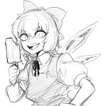  1girl bow cirno dress hair_bow ice ice_wings monochrome open_mouth popsicle puffy_sleeves short_hair short_sleeves sketch smile space_jin touhou wings 