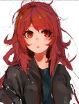  1girl :o black_jacket blue_shirt blush chestnut_mouth eyelashes jacket long_hair looking_at_viewer open_clothes open_jacket original parted_lips red_eyes redhead shiratan shirt simple_background solo t-shirt teeth upper_body white_background 