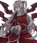  1girl blue_eyes capelet commentary_request dress gensou_aporo hair_bobbles hair_ornament long_hair long_sleeves looking_at_viewer multiple_wings one_side_up red_dress shinki silver_hair smile solo touhou touhou_(pc-98) very_long_hair wide_sleeves wings 