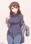  bag braid brown_hair casual contemporary denim green_eyes highres jeans kantai_collection kodera_ju long_hair noshiro_(kantai_collection) pants ribbed_sweater solo sweater turtleneck twin_braids 