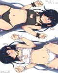  2girls ass ass_visible_through_thighs bare_shoulders black_bra black_hair black_panties blush bra cat_keyhole_bra cleavage_cutout dated dual_persona hair_over_one_eye hayashimo_(kantai_collection) kantai_collection long_hair looking_at_viewer multiple_girls navel panties ru2n131 shiny shiny_skin simple_background smile sweat thigh_gap thighs twitter_username underwear very_long_hair violet_eyes white_background white_bra white_panties wrist_cuffs 