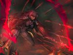  1girl bodysuit fate/grand_order fate_(series) highres holding_weapon long_hair looking_at_viewer polearm purple_hair red_eyes scathach_(fate/grand_order) solo spear temmasa22 veil weapon 