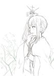  1girl alternate_costume antennae covered_mouth japanese_clothes kantai_collection kasumi_(kantai_collection) keionism kimono long_hair monochrome ornament side_ponytail smile solo tagme tree upper_body 