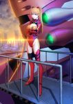  1girl absurdres blue_eyes boots breasts brown_hair cleavage cleavage_cutout daye_bie_qia_lian eva_02 evangelion:_3.0_you_can_(not)_redo hair_ornament highres long_hair neon_genesis_evangelion plugsuit rebuild_of_evangelion red_legwear skin_tight solo souryuu_asuka_langley sunset thigh-highs thigh_boots two_side_up 