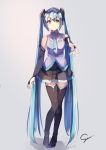  1girl blue_hair boots bridal_gauntlets full_body green_eyes grey_background hatsune_miku long_hair looking_at_viewer necktie skirt smile solo thigh-highs thigh_boots twintails very_long_hair vocaloid 