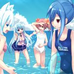  4girls alyn_(fairy_fencer_f) animal_ears ball bare_shoulders beachball breasts effole_(fairy_fencer_f) fairy_fencer_f frills himajin_(starmine) karin_(fairy_fencer_f) long_hair multiple_girls ocean open_mouth red_eyes redhead school_swimsuit skirt sky swimsuit tiara_(fairy_fencer_f) twintails white_hair white_swimsuit 