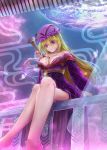  1girl absurdres arm_support blonde_hair breasts cleavage crossed_legs heart heart-shaped_pupils highres long_hair off_shoulder sitting_on_railing solo symbol-shaped_pupils touhou violet_eyes xuanlin_jingshuang yakumo_yukari 