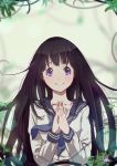  1girl black_hair chitanda_eru highres hyouka long_hair school_uniform serafuku smile steamy_tomato violet_eyes 