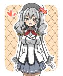  1girl :d beret breasts buttons epaulettes frilled_sleeves frills gloves grey_eyes grey_hair hat heart highres jacket kantai_collection kashima_(kantai_collection) kawabatake kerchief large_breasts looking_at_viewer military military_uniform miniskirt open_mouth pleated_skirt sidelocks skirt smile solo tsurime twintails uniform wavy_hair white_gloves 