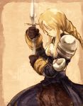  1girl agrias_oaks armor blonde_hair braid final_fantasy final_fantasy_tactics gloves long_hair single_braid solo sword weapon yk-kz 