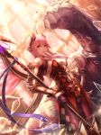  1girl absurdres armor dragoon highres holding_weapon long_hair looking_at_viewer monster pink_hair pointy_ears red_eyes solo sword weapon yazuo 