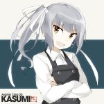  &gt;:d 1girl :d bangs buttons character_name crossed_arms dress_shirt grey_hair headband kantai_collection kasumi_(kantai_collection) long_hair long_sleeves open_mouth remodel_(kantai_collection) shirt side_ponytail smile solo souji upper_body white_shirt yellow_eyes 