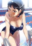  1girl bangs black_eyes black_hair blue_swimsuit blush breasts cleavage collarbone hair_ornament hairclip kirigaya_suguha large_breasts leaning_forward looking_at_viewer off_shoulder one-piece_swimsuit open_mouth pool pool_ladder school_swimsuit shiny short_hair solo strap_slip swimsuit sword_art_online tashiromotoi taut_clothes taut_swimsuit teeth wet wet_hair 