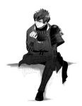  1boy :t armor doudanuki_masakuni eating food japanese_armor male_focus monochrome onigiri scar scarf sitting touken_ranbu yano_(404878) 