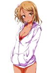  1girl blonde_hair blush bra breasts brown_eyes chigusa cleavage earrings flower french_fries hair_flower hair_ornament hands_in_pockets hood hoodie houjou_karen idolmaster idolmaster_cinderella_girls jewelry long_hair side_ponytail solo tan thigh_gap underwear 