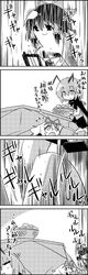  2girls 4koma antennae bicycle_trainer book bowl cape chibi_on_head closed_eyes comic commentary_request eating food fruit hair_ornament hair_ribbon hair_tubes hakurei_reimu highres kotatsu mandarin_orange medicine_melancholy minigirl monochrome multiple_girls open_mouth reading ribbon shoujo_kitou-chuu sleeping smile table tani_takeshi touhou translation_request under_kotatsu under_table wriggle_nightbug yukkuri_shiteitte_ne |_| 