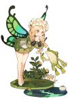  1girl bent_over blonde_hair braid butterfly_wings covering_mouth fairy flower frog hair_flower hair_ornament lily_pad mercedes odin_sphere plant pointy_ears puff_and_slash_sleeves puffy_sleeves red_eyes standing starshadowmagician tiptoes twin_braids water wings 