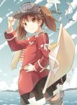  1girl airplane brown_eyes brown_hair clouds cloudy_sky e20 hand_on_hip kantai_collection magatama ocean ryuujou_(kantai_collection) scroll shikigami sky smile solo twintails visor_cap 