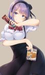  1girl blue_eyes blush breasts dagashi_kashi food hairband highres looking_at_viewer nononon pantyhose pose puffy_short_sleeves puffy_sleeves purple_hair shidare_hotaru short_hair short_sleeves simple_background skirt smile solo suspender_skirt suspenders 