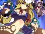  4girls ass barefoot big_hair black_shoes blonde_hair blue_eyes blue_skirt blue_sky blue_vest blush book bookshelf bow breasts choker cleavage crescent_moon_pin day detached_sleeves dress elbow_gloves frilled_dress frills frown gloves green_hair hair_bow hair_ornament hair_tubes hat hat_ribbon holding holding_book kochiya_sanae leg_up legs long_hair long_sleeves looking_at_viewer looking_down mob_cap multiple_girls panties patchouli_knowledge perspective photo_(object) purple_coat purple_dress purple_hair purple_shoes ribbon ribbon_choker shiki_eiki shirt shoes short_sleeves sitting skirt sky sleeveless smile snake_hair_ornament soles spread_legs standing_on_one_leg striped striped_dress thighs toes touhou tree underwear very_long_hair violet_eyes white_gloves white_legwear white_panties white_shirt yadokari_genpachirou yakumo_yukari 