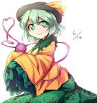  1girl floral_print fun_bo green_eyes green_hair hat hat_ribbon heart heart_of_string long_sleeves looking_at_viewer ribbon shirt skirt smile solo third_eye touhou wide_sleeves 