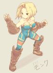  1girl bare_shoulders blonde_hair blue_eyes boots breasts cleavage final_fantasy final_fantasy_tactics gloves highres kamuran large_breasts monk_(fft) short_hair simple_background solo unitard white_background 