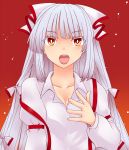  1girl bow breasts cleavage fujiwara_no_mokou hair_bow hair_ribbon hand_on_own_chest long_hair miyo_(ranthath) open_mouth red_background red_eyes ribbon simple_background solo suspenders touhou upper_body very_long_hair white_hair 