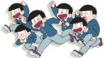  6+boys arm_up bowl_cut brothers child heart heart_in_mouth koutou_(akzkr09) male_focus matching_outfit matsuno_choromatsu matsuno_ichimatsu matsuno_juushimatsu matsuno_karamatsu matsuno_osomatsu matsuno_todomatsu multiple_boys open_mouth osomatsu-kun piggyback running sextuplets shadow siblings simple_background smile white_background wing_collar 