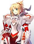 1girl armor blonde_hair fate/apocrypha fate_(series) fuyuki_(neigedhiver) gauntlets green_eyes grin highres holding_sword holding_weapon long_hair looking_at_viewer ponytail saber_of_red simple_background smile solo sword teeth weapon white_background 