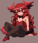  1girl bare_shoulders black_legwear bow bowtie bunnysuit curly_hair demon_girl demon_horns demon_tail detached_collar full_body horns long_hair looking_at_viewer maou_beluzel matsuda_yuusuke red_eyes red_shoes redhead shoes sitting small_breasts smile solo tail younger yuusha_to_maou 