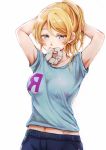  armpits ayase_eli blonde_hair blue_eyes collarbone highres lilylion26 love_live!_school_idol_project mouth_hold scrunchie 
