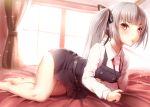  1girl ayagi_daifuku bare_legs barefoot bed black_dress blush brown_hair curtains dress hair_ribbon kantai_collection kasumi_(kantai_collection) long_hair long_sleeves lying on_bed ribbon shirt short_dress side_ponytail silver_hair solo sparkle window 