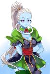  1girl blue_skin breasts cleavage collar cowboy_shot dragon_ball dragon_ball_super gloves green_gloves high_ponytail large_breasts long_hair smile solo thigh-highs vados_(dragon_ball) very_long_hair violet_eyes white_hair yostxxx 