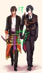  !? 2boys armor black_hair brown_hair eyepatch holding_hands japanese_armor katana male_focus multiple_boys necktie ookurikara shokudaikiri_mitsutada sode sword touken_ranbu walking weapon yano_(404878) yellow_eyes 