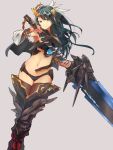  1girl armor baffu bikini_armor green_hair highres long_hair looking_at_viewer midriff navel original sword thigh-highs weapon 