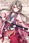  1girl brown_hair hijiri_(resetter) horns katana long_hair original red_eyes solo sword weapon 