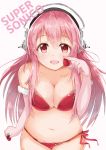  1girl absurdres bikini blush breasts cleavage elbow_gloves food fruit gloves headphones highres large_breasts long_hair looking_at_viewer navel nitroplus open_mouth pink_hair red_eyes sashimi0gou smile solo strawberry super_sonico swimsuit 