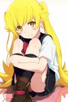  blonde_hair blush fang leg_hug looking_at_viewer monogatari_(series) ogipote oshino_shinobu school_uniform serafuku vampire waifu2x yellow_eyes 