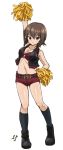  1girl breasts brown_eyes brown_hair cheerleader cleavage girls_und_panzer highres midriff nishizumi_maho pom_poms shift_(waage) short_hair shorts simple_background solo 