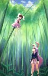  2girls absurdres animal_ears bamboo bamboo_forest barefoot brown_hair bunny_tail closed_eyes dress forest highres inaba_tewi jacket long_hair long_sleeves looking_at_another looking_up multiple_girls nature necktie open_mouth pink_dress profile puffy_sleeves purple_hair rabbit_ears red_eyes reisen_udongein_inaba short_hair short_sleeves siyajiyatouhou skirt sleeping sweatdrop tail touhou 